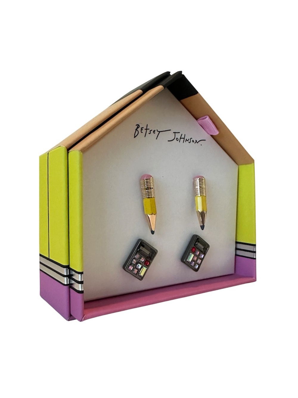 Betsey Johnson Pink Yellow Pencil & Makeup Palette Stud Earrings